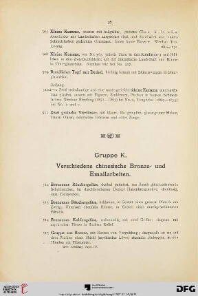 Gruppe K. Verschiedene chinesische Bronze- und Emailarbeiten (Nr. 512-524)