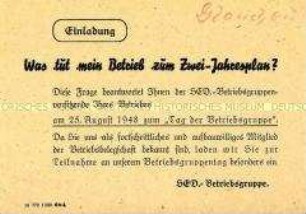 Einladung der SED zum "Tag der Betriebsgruppe" mit Informationen zur Vorbereitung des 2-Jahresplanes 1949/50