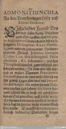 ADMONITIUNCULA An den Trewhertzigen Leser und Filium Doctrinae.