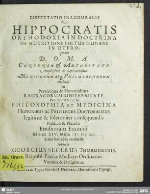 Dissertatio Inauguralis de Hippocratis Orthodoxia In Doctrina De Nutritione Foetus Humani In Utero