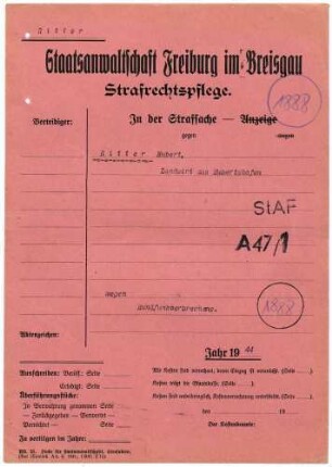 Angeklagter: Ritter, Hubert (Landwirt); Hubertshofen *09.11.1903 in Hubertshofen; + ? Delikt: Rundfunkverbrechen Tatort: Hubertshofen Tatzeit: Herbst 1941-Januar 1944