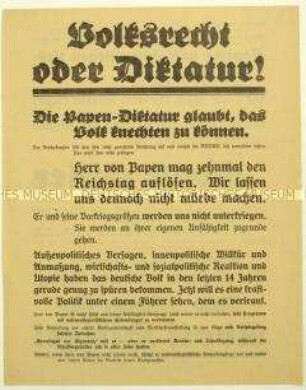 Flugblatt der NSDAP gegen die Auflösung des Reichstags durch die Reichsregierung