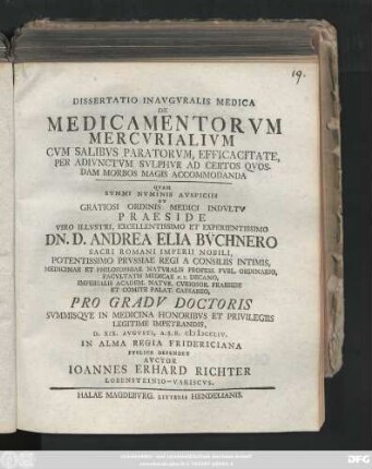 Dissertatio Inavgvralis Medica De Medicamentorvm Mercvrialivm Cvm Salibvs Paratorvm, Efficacitate, Per Adivnctvm Svlphvr Ad Certos Qvosdam Morbos Magis Accommodanda