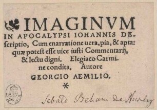 Titelblatt, aus: Aemilius, Georg: Imaginum in Apocalypsi Iohannis [...], Frankfurt a. M. 1540