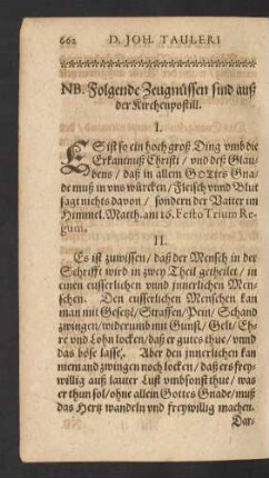 NB. Folgende Zeugnüssen sind auß der Kirchenpostill