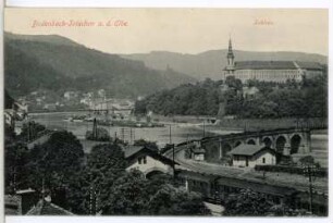 Bodenbach-Tetschen a. d. Elbe. Schloss. : Blick von Bodenbach über die Elbe mit Nordwestbahnbrücke (Eisenbahnbrücke, 1867) zum Schloss Tetschen