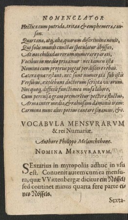 Vocabula Mensurarum & rei Numariae. Authore Philippo Melanchthone.