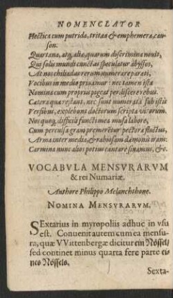 Vocabula Mensurarum & rei Numariae. Authore Philippo Melanchthone.