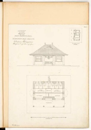 Pavillons auf dem Belle-Alliance-Platz, Berlin-Kreuzberg Monatskonkurrenz Februar 1905: Grundriss, Aufriss Vorderansicht 1:150; Maßstabsleiste. Grundriss (Skizze) des 2. Pavillon