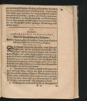VII. Resolutio Imperatoris Ferdinandi, Über die Freystellung der Religion. ... Anno 1559.