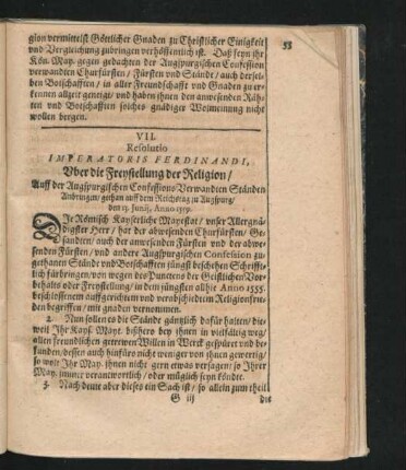 VII. Resolutio Imperatoris Ferdinandi, Über die Freystellung der Religion. ... Anno 1559.