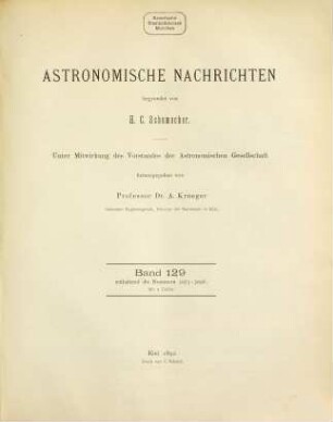 Astronomische Nachrichten : = Astronomical notes. 129. 1892