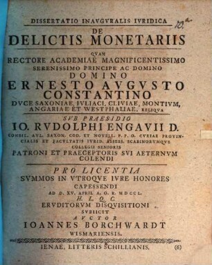 Dissertatio Inavgvralis Ivridica De Delictis Monetariis