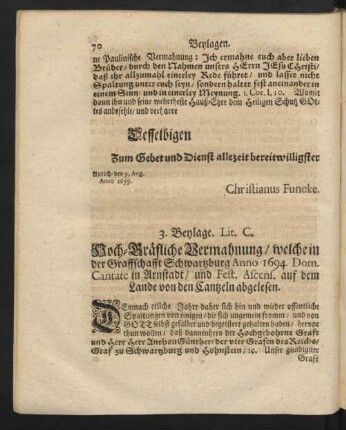 3. Beylage. Lit. C. Hoch-Gräfliche Vermahnung ...