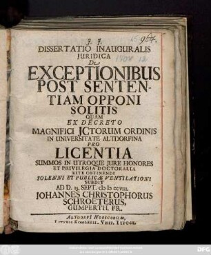 Dissertatio Inauguralis Juridica De Exceptionibus Post Sententiam Opponi Solitis