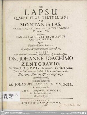 De Lapsu Q. Sept. Flor. Tertulliani Ad Montanistas : Exercitationis Historico Theologicae Disput. VI. exhibens Causas Lapsus, Et Usum Huius Controversiae