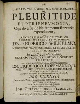 Dissertatio Inauguralis Medico-Practica, De Pleuritide Et Peripneumonia, Qua diversae de his Autorum sententiae expenduntur