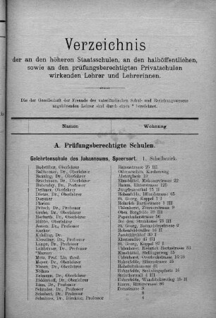Verzeichnis der an den höheren Staatsschulen, an den halböffentlichen, sowie an den prüfungsberechtigten Privatschulen wirkenden Lehrer/-innen