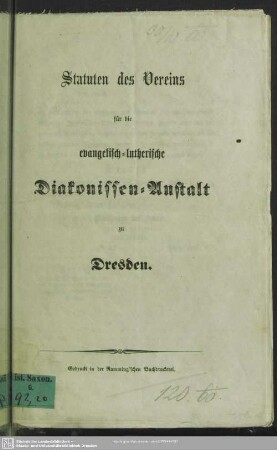 Statuten des Vereins für die evangelisch-lutherische Diakonissen-Anstalt zu Dresden
