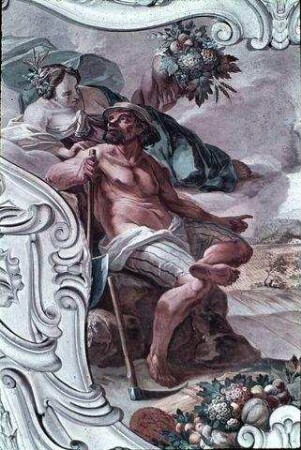 Bauer mit der Personifikation der Fruchtbarkeit vor einer Landschaft mit landwirtschaftlichen Arbeiten: "Scientia difficilis sed fructuosa"