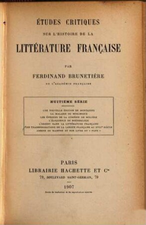 Études critiques sur l'histoire de la littérature française, 8