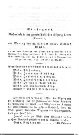 Gemeinschaftliche Sitzung, Stuttgart, 22.2.1847
