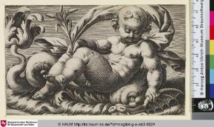 [Putto mit Rohrkolben in der rechten Hand auf einem Delphin nach rechts reitend]