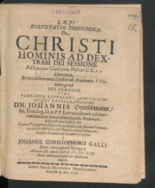 Disputatio Theologica, De Christi Hominis Ad Dextram Dei Sessione