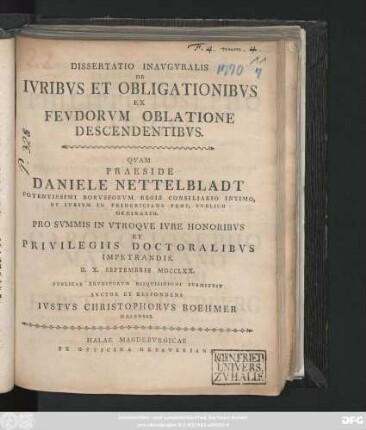 Dissertatio Inavgvralis De Ivribvs Et Obligationibvs Ex Fevdorvm Oblatione Descendentibvs