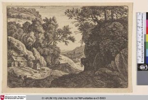 [Landschaft mit Bauerhäusern am Berg; Two cottages at the foot of a mountain]