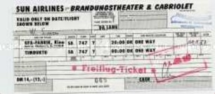 Eintrittskarte eines West-Berliner Kinos im Layout eines Freiflug-Tickets mit Werbung für das Reisebüro "neue reisewelle"