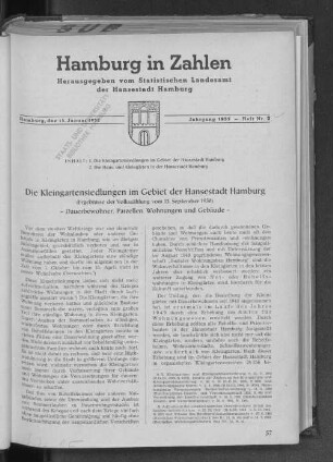 Die Kleingartensiedlungen im Gebiet der Hansestadt Hamburg : Ergebnisse der Volkszählung vom 13.September 1950
