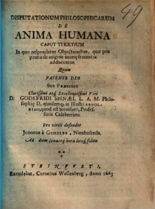 Disputationum Philosophicarum De Anima Humana Caput Tertium : In quo respondetur Obiectionibus, quae pro prima de origine anim[a]e sententia adducuntur