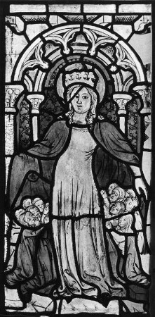 Glasfenster mit Schutzmantelmadonna : Glasfenster mit Schutzmantelmadonna. Glasmalerei (1386/1420). Judenburg, Ehemals Spitalkirche (Magdalenenkirche)