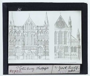 York, Kathedrale,Salisbury, Kathedrale (GC 51.0647, -1.7975) : Ansichen der Westfassade (Salisbury) und der Fassade des Querschiffes (York)