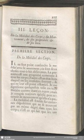III. Leçon. De la Mobilité des Corps; du Mouvement, de ses propriétés & de ses loix