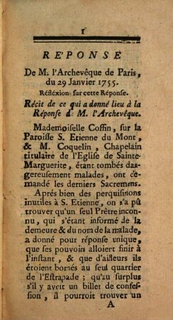 Réflexions sur la reponse de M. L'Archevèque de Paris, du 29. Jan. 1755