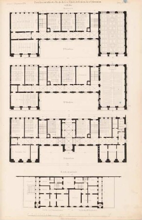 Dorotheenstädtische Realschule und Friedrich-Werdersches Gymnasium, Berlin: Gymnasium: Grundrisse EG, 3. und 4.OG, Direktoriatsgebäude (aus: Atlas zur Zeitschrift für Bauwesen, hrsg. v. G. Erbkam, Jg. 28, 1878)