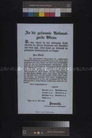 Maueranschlag: Der Oberkommandant der Nationalgarde Pannasch veröffentlicht ein Dankschreiben der Abgeordneten der deutschen Nationalversammlung; Wien, 8. Juli 1848