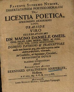 Dissertationem Poetico-Moralem De Licentia Poetica