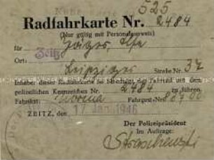 Berechtigungsausweis für die Benutzung eines Fahrrades