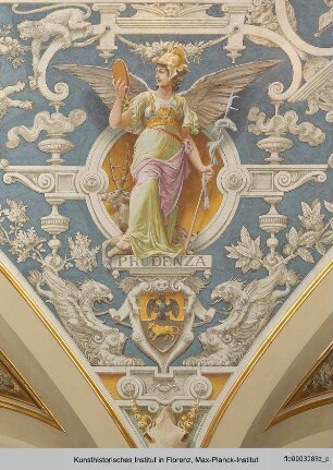 Ausmalung des Treppenhauses im Palazzo Grifoni Budini Gattai : Weibliche Allegorien mit den Wappen der Familie Budini Gattai