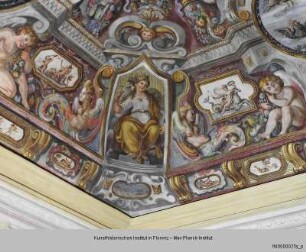 Geschichte des Perseus, Apollo mit den Musen und Göttergestalten : Medaillons in den Ecken: Göttergestalten: Jupiter, Neptun, Kybele und Juno