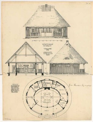 Wartehalle Monatskonkurrenz Februar 1908: Grundriss, Aufriss Vorderansicht, Seitenansicht, Querschnitt 1:50; Maßstabsleiste, Erläuterungstext