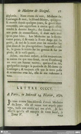 Lettre CCCCV. A Paris, ce Mécredi 14. Février, 1680