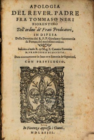Apologia in Difesa della Dottrina di Girolamo Savonarola