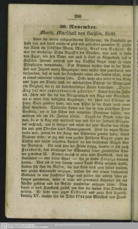 30. November. Moritz, Marschall von Sachsen, stirbt