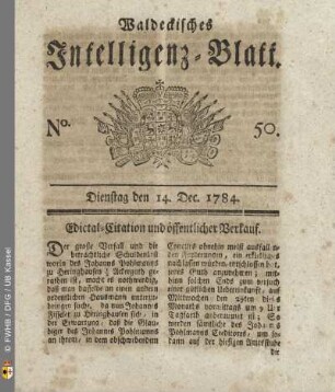 No. 50, Dienstag den 14. Dec. 1784