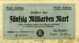 Cottbus, Stadt: 50 Milliarden Mark 1923