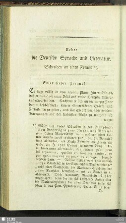 Ueber die Deutsche Sprache und Litteratur. Schreiben an einen Freund